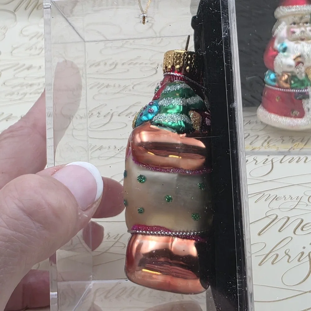 3 Unique Treasures Santa Ornaments Blown Glass Gifts Sleigh Toys Vintage NIB NOS